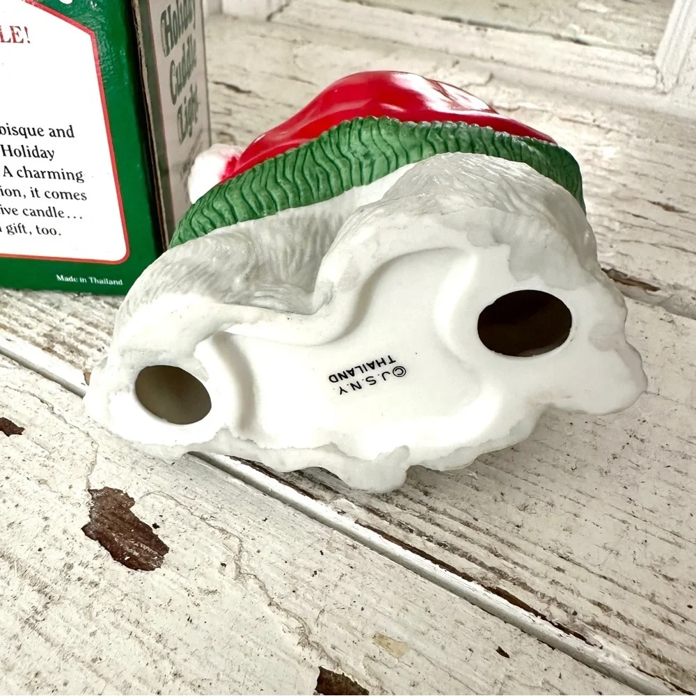 Vintage Cat Cuddling Under Santa Hat 1990 Tealight Candle Holder Kitty Porcelain